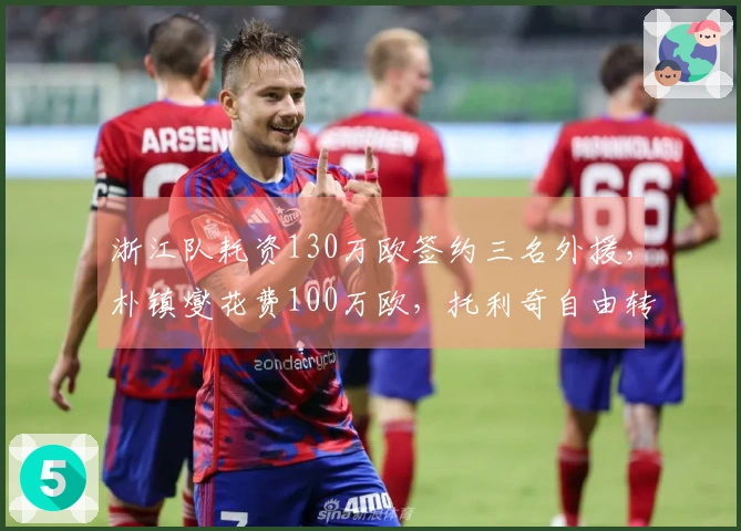 浙江队耗资130万欧签约三名外援，朴镇燮花费100万欧，托利奇自由转会加入